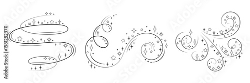 Magic Swirl Sparkle Elements Set. Hand Drawn Decorative Star Trails and Swirls for Fairy Dust, Fantasy, Magic Wand, and Celestial Design Projects