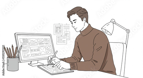 Young graphic designer creating a user interface design on a digital tablet, working on a computer at his desk.