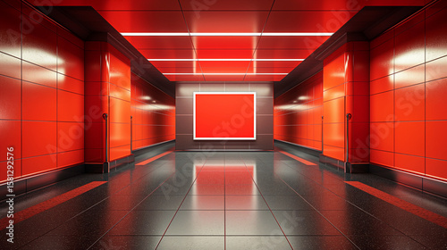 Modern red metro station corridor with glossy tiles, illuminated panels, and centered blank advertising billboard. Copy space