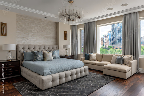 Luxurious Beige Upholstered King Size Bed with Light Blue Bedding in Contemporary Master Bedroom Suite Featuring Large Windows City View and