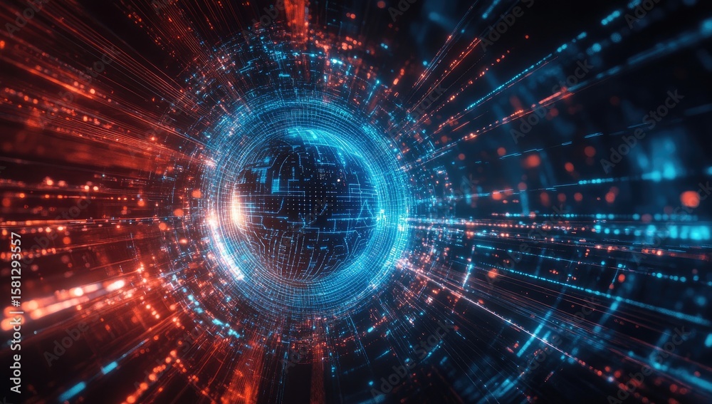 Obraz premium Digital tunnel surrounds globe, vibrant colors, data streams