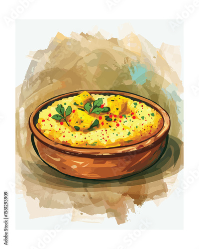 Delicious Polenta with Toppings Culinary Delight in Watercolor Style