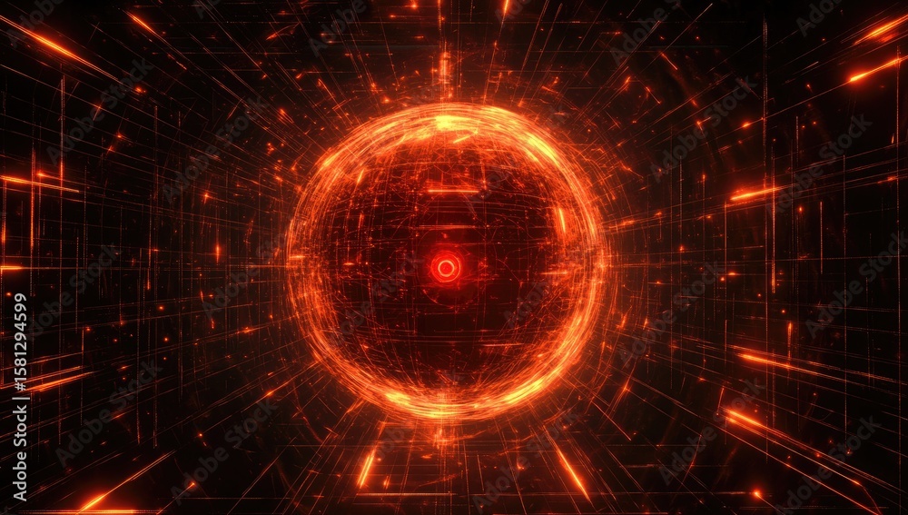 Fototapeta premium Fiery orb within a digital network