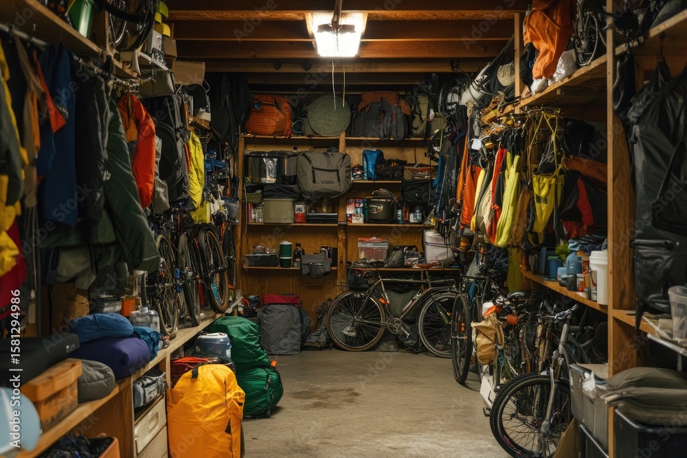 Fototapeta premium Packed storage room, filled with outdoor gear