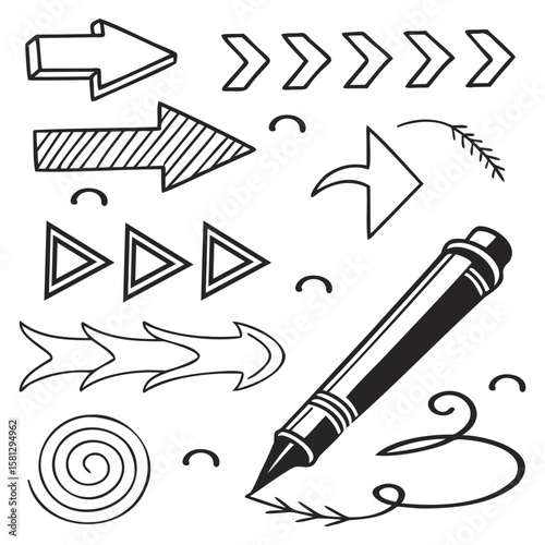  arrows doodle style and sketch elements with pen
