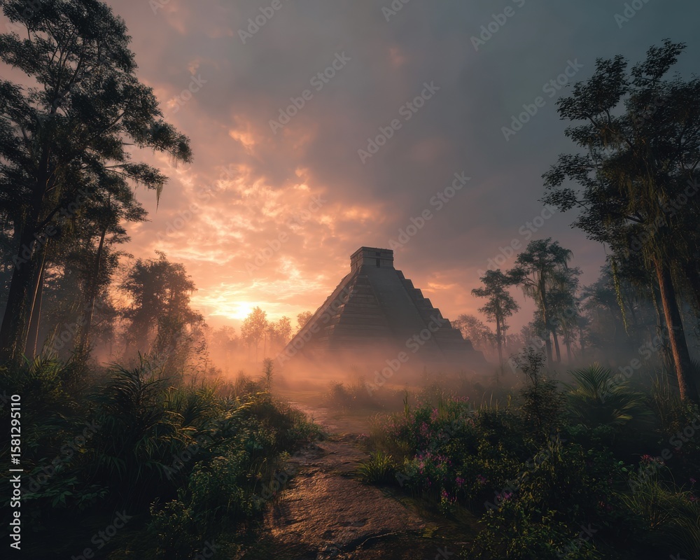 Obraz premium Ancient pyramid shrouded in morning mist, bathed in the warm glow of sunrise. A mystical scene.
