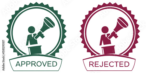 Approved and rejected stamp icons with people and megaphones