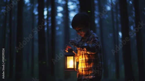 Boy exploring dark forest with lantern with adventure, and nature.