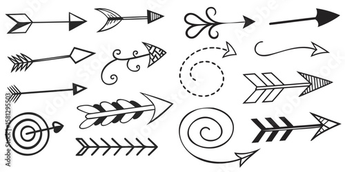 Arrow sketch icon set with spirals and curves