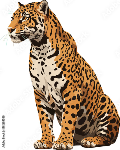 Jaguar (Panthera onca) Sitting Alert Observing the Surroundings: Vector Illustration of a Vigilant Big Cat in the Tropics