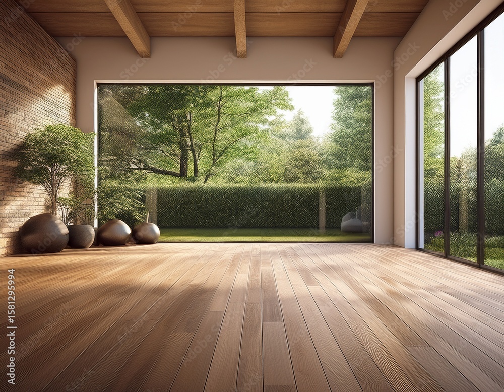 Obraz premium empty room of modern contemporary loft with wooden floor and large windows to garden copy space generative ai