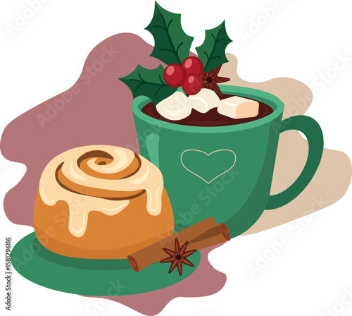 Cup of hot chocolate  with cinnamon roll