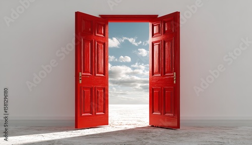 Red Double Doors Opening to the Right on White Background, Symbol of New Beginnings and Life Opportunities