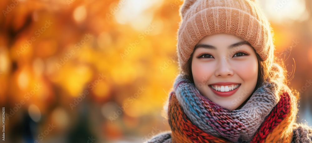 Smiling woman in cozy winter attire surrounded by autumn foliage. Smiling woman in cozy winter attire surrounded by autumn foliage.