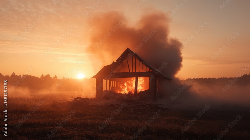 Rural home devastation at sunrise by powerful explosion Rural home devastation at sunrise by powerful explosion