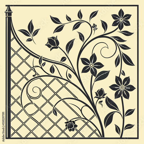 Elegant floral design with decorative fence elements in a monochrome color scheme