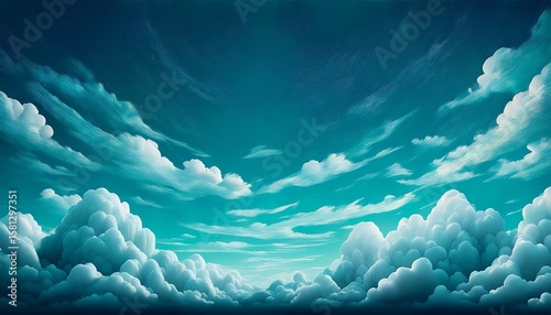 a stylized illustration of a serene sky filled with fluffy tealcolored clouds