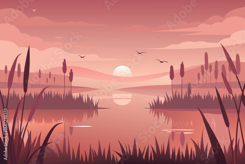 Golden sun dips below the horizon, painting the sky in fiery orange hues over a tranquil lake, its surface reflecting the colorful evening light