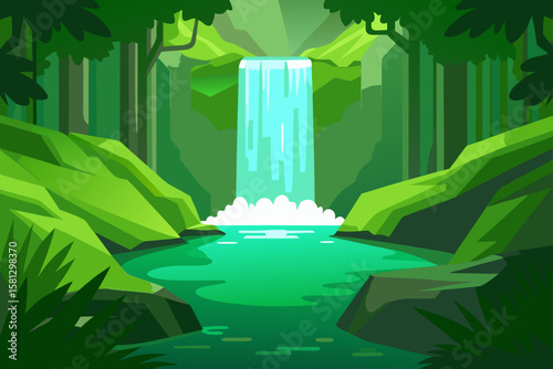 Green city vector illustration: urban landscape with eco-friendly buildings, lush trees, and reflective water under a clear sky, blending nature and modern architecture