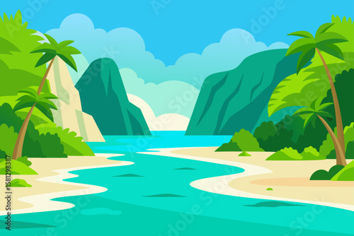 Tropical island paradise with palm trees, a sandy beach, and clear ocean water under a summer sky