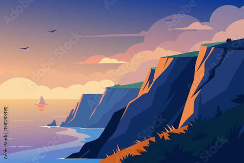 Orange and red sunset over the tranquil sea and majestic mountains, with clouds painting the evening sky