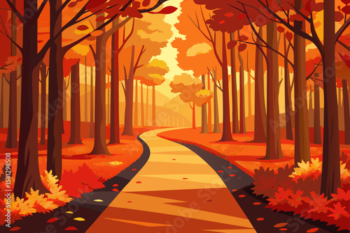 Colorful autumn leaves line the park road, painting the natural landscape with vibrant fall colors