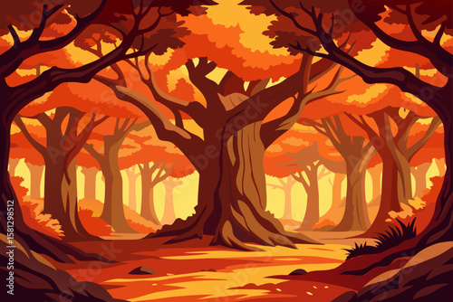 Vibrant autumn trees silhouette against a sunset sky in the forest