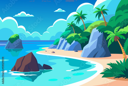 Tropical island paradise with swaying palm trees on a sunny beach, perfect for a summer vacation