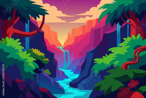 A beautiful vector illustration of a mountain landscape with trees, capturing the essence of nature through all seasons from summer to a snowy Christmas night