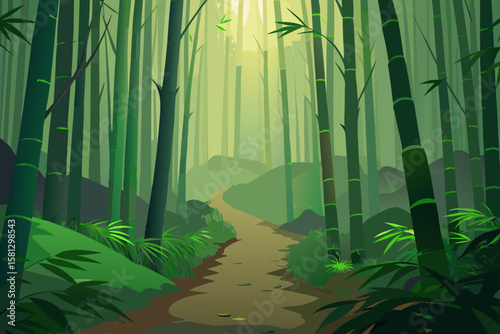 A serene Japanese bamboo forest in the morning light, with green leaves and towering bamboo trees, evokes zen nature and tropical growth