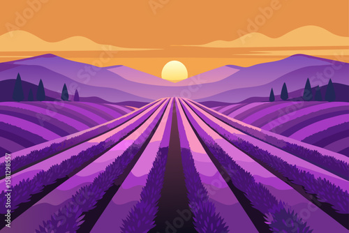 Sunset over a lavender field in Provence, France, with mountains and clouds in the distance