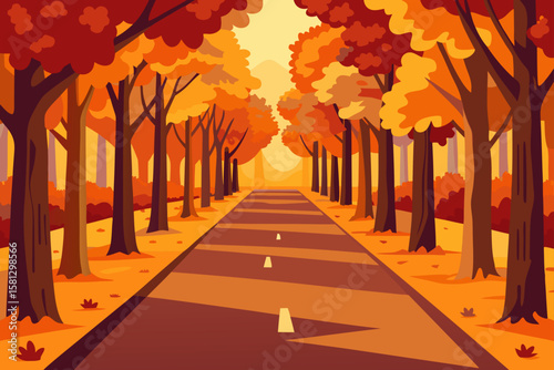 Golden autumn leaves carpet the scenic park path, with colorful trees lining the road through the city landscape
