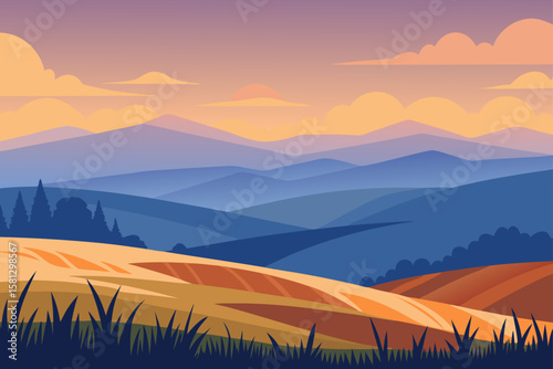 Majestic orange sun descends over misty mountain peaks, painting the sky with the beauty of twilight