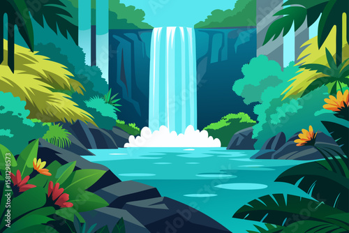 Tropical island beach paradise with palm trees, blue ocean waves, and summer sun
