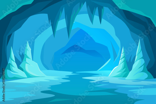 Vector illustration of a winter iceberg in the blue ocean with mountains and sky