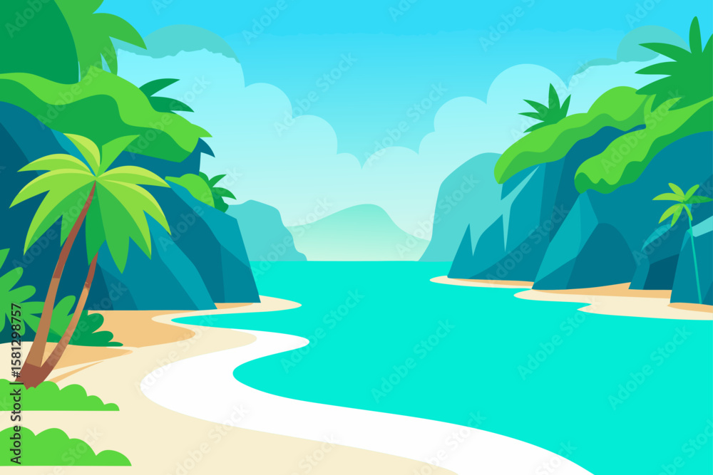 Obraz premium Tropical island paradise: palm trees, white sand, and clear turquoise sea