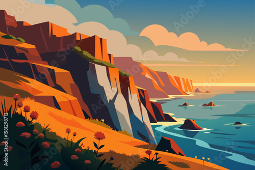 Vibrant sunset landscape over mountains and sea, with a fiery orange sky and reflecting water
