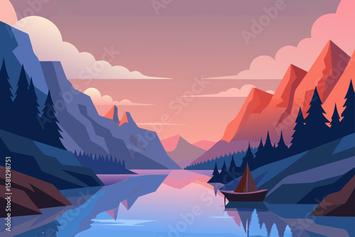 Majestic mountain landscape at dawn with a serene lake reflecting the vibrant sky and distant snowy peaks