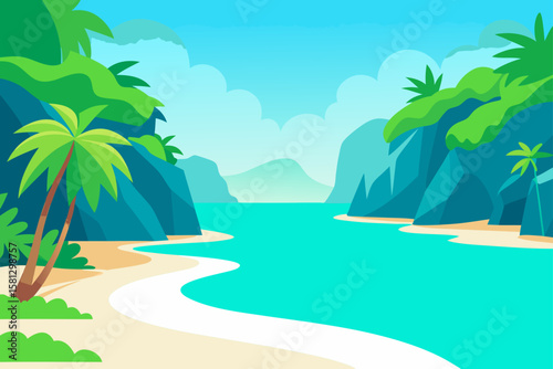 Tropical island paradise: palm trees, white sand, and clear turquoise sea