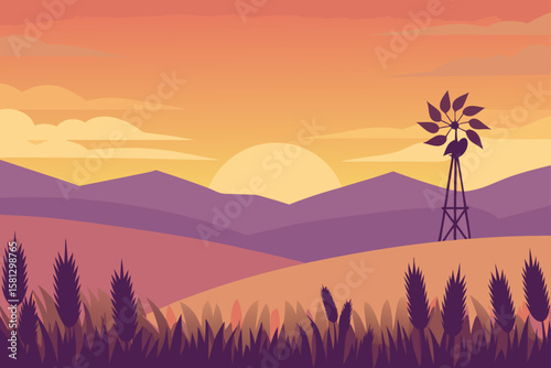 Golden evening sun descends over the misty mountain landscape, silhouetting trees against a vibrant, cloud-streaked sky