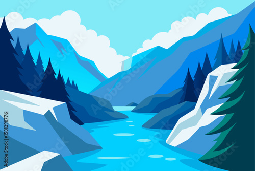 Blue sky over majestic mountain landscapes with snow-capped peaks and icy lakes, featuring vibrant nature views perfect for winter travel illustrations