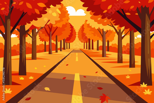 Golden autumn leaves carpet a scenic road winding through a vibrant forest