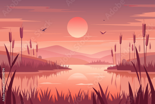 Sunset over a serene lake and winding river, with the vibrant sky reflecting on the water's surface as the sun dips below the horizon, casting silhouetted landscapes against the evening clouds