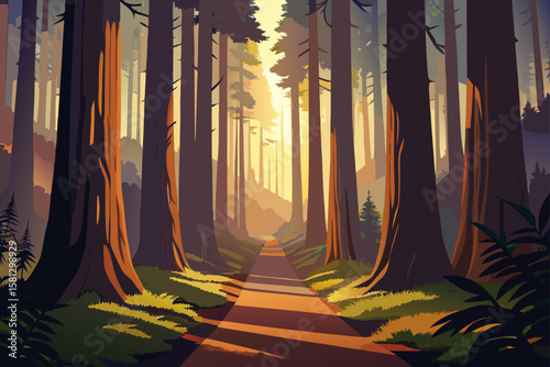 Sunlight filters through the misty autumn forest, illuminating a path among the colorful trees and creating a mystical morning landscape