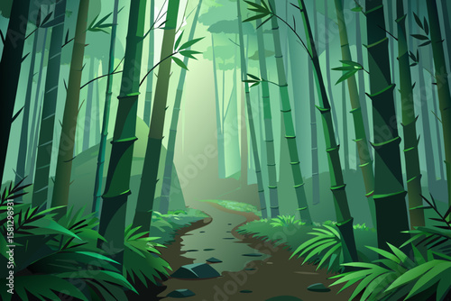 Serene green bamboo forest in the morning, a natural growth pattern in a tranquil Japanese garden