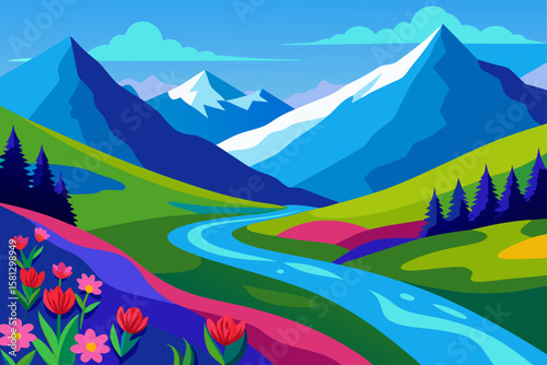 Vast mountain landscape with a serene lake, under a cloudy sky, showcasing nature's panoramic summer beauty with green valleys and distant snow-capped peaks