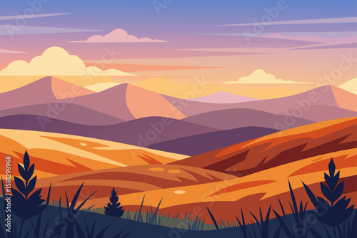 Golden sunset and vibrant sunrise paint the mountain landscape with orange, red, and yellow hues across the sky, highlighting the silhouettes of peaks and clouds in a breathtaking nature view