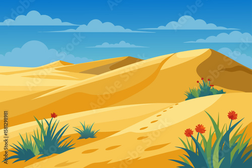 Sweeping desert sand dunes under a vast sky, evoking the dry, hot Sahara landscape, perfect for a summer adventure