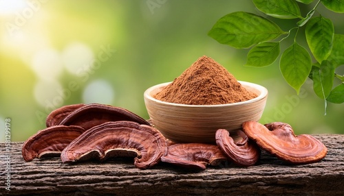 lingzhi or reishi mushroom slices and powder on natural background