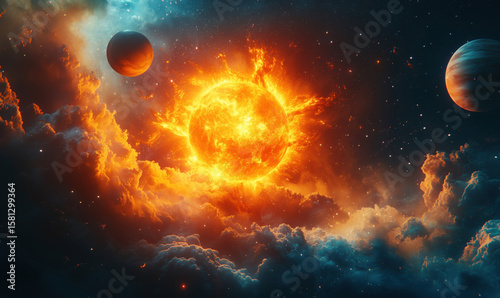 Stunning cosmic scene featuring a vibrant sun surrounded by planets and colorful clouds.